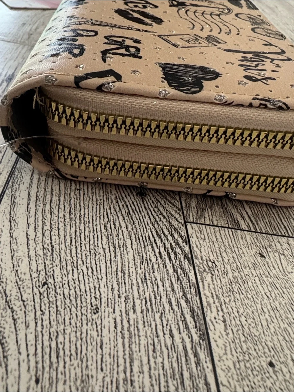 Blush Kiss Beige Graphic Paris Zip Wallet NWT